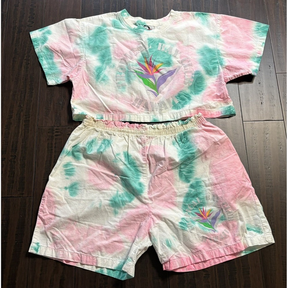 Vintage Tropical Bay Club Hawaii Crop Top & Elastic Waist Shorts L Muscle Pedra